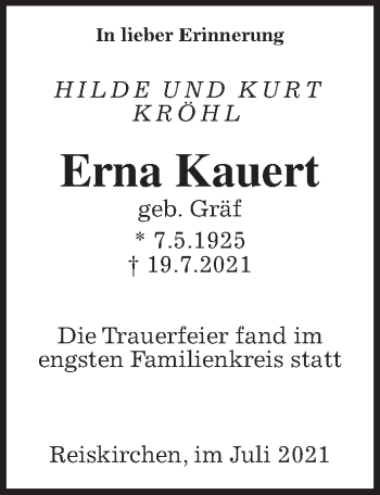 Traueranzeige von Erna Kauert von Wetterauer Zeitung, Giessener Allgemeine, Alsfelder Allgemeine