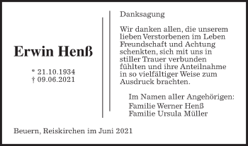 Traueranzeige von Erwin Henß von Giessener Allgemeine, Alsfelder Allgemeine