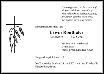 Traueranzeige von Erwin Ronthaler von Licher Wochenblatt