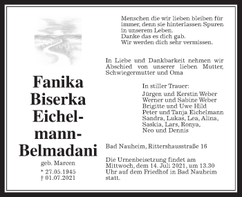 Traueranzeige von Fanika Biserka Eichelmann-Belmadani von Wetterauer Zeitung