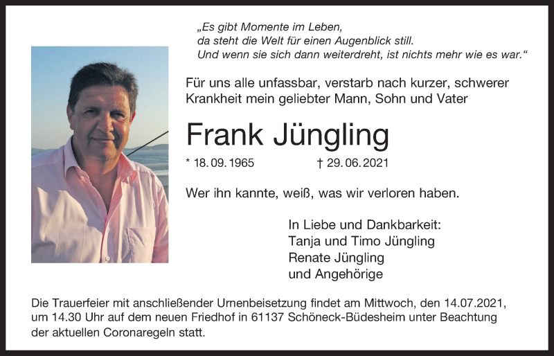  Traueranzeige für Frank Jüngling vom 08.07.2021 aus Bad Vilbel/Karben