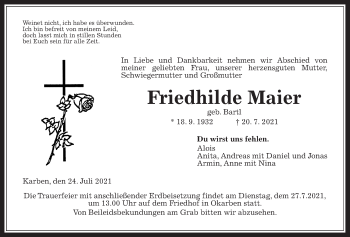 Traueranzeige von Friedhilde Maier von Wetterauer Zeitung