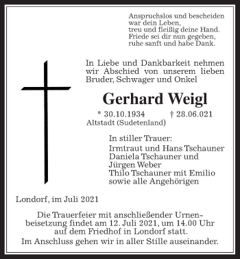 Traueranzeige von Gerhard Weigl von Giessener Allgemeine, Alsfelder Allgemeine