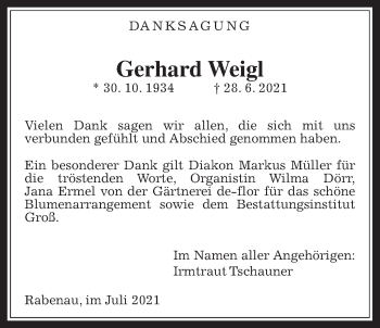 Traueranzeige von Gerhard Weigl von Rabenauer Zeitung