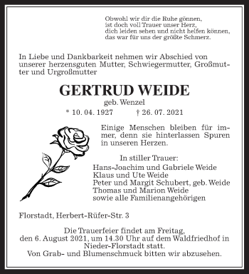 Traueranzeige von Gertrud Weide von Wetterauer Zeitung
