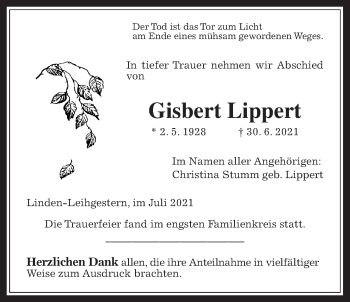 Traueranzeige von Gisbert Lippert von Giessener Allgemeine, Alsfelder Allgemeine