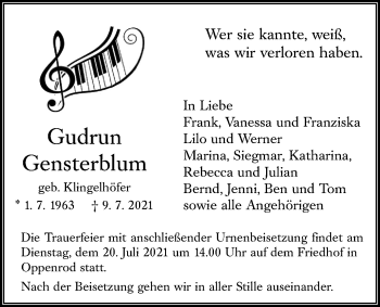 Traueranzeige von Gudrun Gensterblum von Giessener Allgemeine, Alsfelder Allgemeine