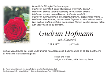 Traueranzeige von Gudrun Hofmann von Giessener Allgemeine, Alsfelder Allgemeine