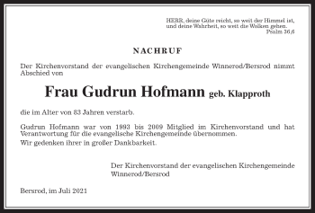 Traueranzeige von Gudrun Hofmann von Reiskirchener Anzeiger