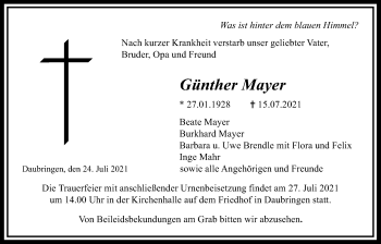 Traueranzeige von Günther Mayer von Giessener Allgemeine, Alsfelder Allgemeine