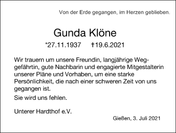Traueranzeige von Gunda Klöne von Giessener Allgemeine, Alsfelder Allgemeine