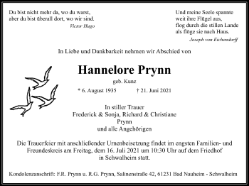 Traueranzeige von Hannelore Prynn von Wetterauer Zeitung