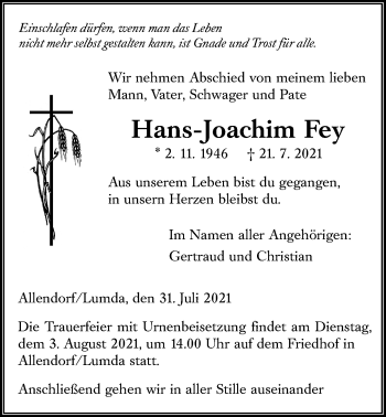 Traueranzeige von Hans-Joachim Fey von Giessener Allgemeine, Alsfelder Allgemeine