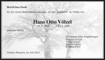 Traueranzeige von Hans Otto Völzel von Giessener Allgemeine, Alsfelder Allgemeine