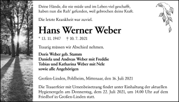 Traueranzeige von Hans Werner Weber von Giessener Allgemeine, Alsfelder Allgemeine