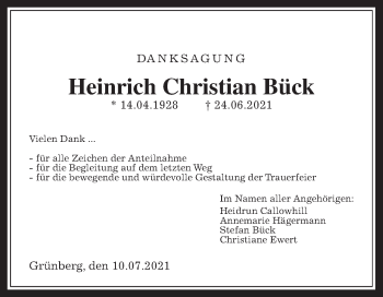 Traueranzeige von Heinrich Bück von Giessener Allgemeine, Alsfelder Allgemeine