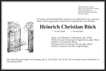 Traueranzeige von Heinrich Christian Bück von Giessener Allgemeine, Alsfelder Allgemeine