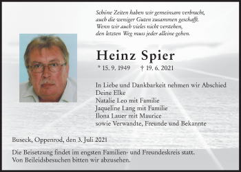 Traueranzeige von Heinz Spier von Giessener Allgemeine, Alsfelder Allgemeine