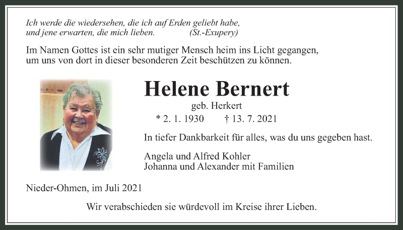  Traueranzeige für Helene Bernert vom 22.07.2021 aus Mücker Stimme
