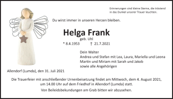 Traueranzeige von Helga Frank von Giessener Allgemeine, Alsfelder Allgemeine