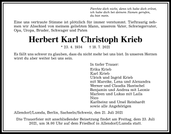 Traueranzeige von Herbert Krieb von Giessener Allgemeine, Alsfelder Allgemeine
