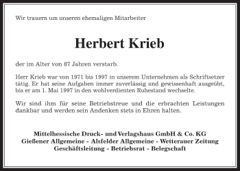 Traueranzeige von Herbert Krieb von Giessener Allgemeine, Alsfelder Allgemeine