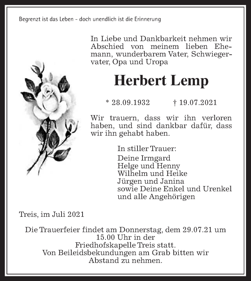  Traueranzeige für Herbert Lemp vom 26.07.2021 aus Giessener Allgemeine, Alsfelder Allgemeine