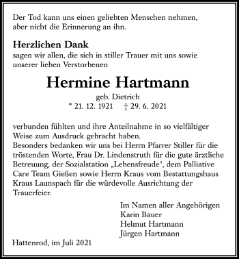 Traueranzeige von Hermine Hartmann von Giessener Allgemeine, Alsfelder Allgemeine