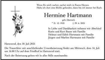 Traueranzeige von Hermine Hartmann von Giessener Allgemeine, Alsfelder Allgemeine