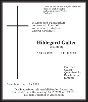 Traueranzeige von Hildegard Galter von Wetterauer Zeitung