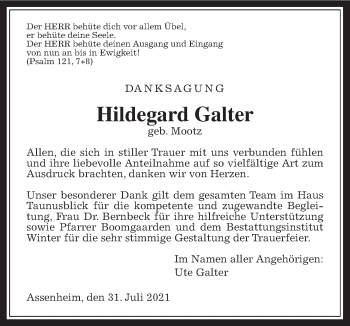 Traueranzeige von Hildegard Galter von Wetterauer Zeitung, Giessener Allgemeine, Alsfelder Allgemeine