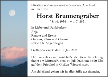 Traueranzeige von Horst Brunnengräber von Giessener Allgemeine, Alsfelder Allgemeine