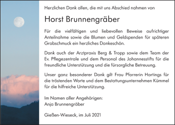 Traueranzeige von Horst Brunnengräber von Giessener Allgemeine, Alsfelder Allgemeine