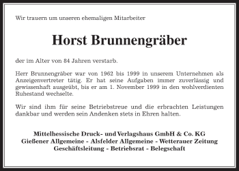 Traueranzeige von Horst Brunnengräber von Giessener Allgemeine, Alsfelder Allgemeine