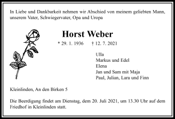Traueranzeige von Horst Weber von Giessener Allgemeine, Alsfelder Allgemeine