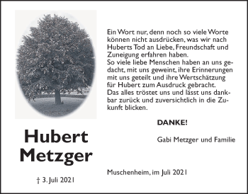 Traueranzeige von Hubert Metzger von Giessener Allgemeine, Alsfelder Allgemeine