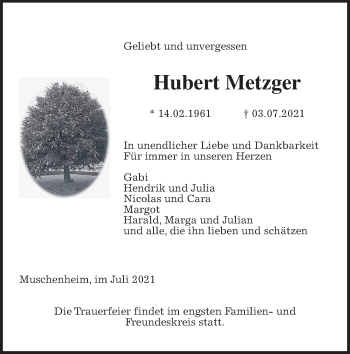 Traueranzeige von Hubert Metzger von Giessener Allgemeine, Alsfelder Allgemeine