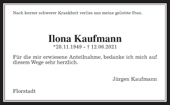 Traueranzeige von Ilona Kaufmann von Wetterauer Zeitung