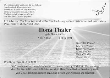 Traueranzeige von Ilona Thaler von Wetterauer Zeitung