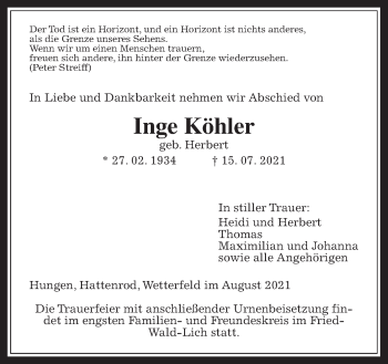 Traueranzeige von Inge Köhler von Giessener Allgemeine, Alsfelder Allgemeine