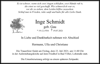 Traueranzeige von Inge Schmidt von Bad Vilbel/Karben