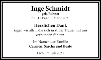 Traueranzeige von Inge Schmidt von Licher Wochenblatt