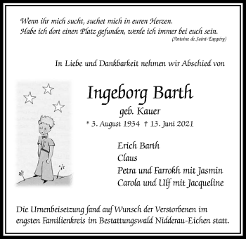 Traueranzeige von Ingeborg Barth von Bad Vilbel/Karben