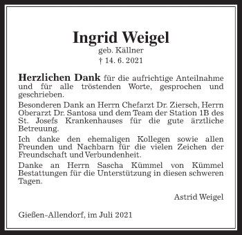 Traueranzeige von Ingrid Weigel von Giessener Allgemeine, Alsfelder Allgemeine