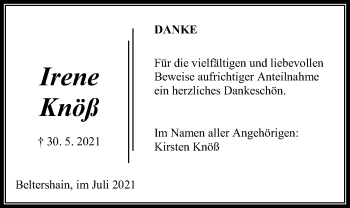 Traueranzeige von Irene Knöß von Giessener Allgemeine, Alsfelder Allgemeine