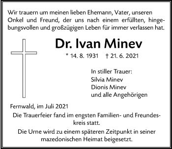 Traueranzeige von Ivan Minev von Giessener Allgemeine, Alsfelder Allgemeine