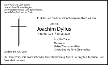 Traueranzeige von Joachim Dyllus von Giessener Allgemeine, Alsfelder Allgemeine, Pohlheimer Nachrichten