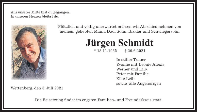  Traueranzeige für Jürgen Schmidt vom 03.07.2021 aus Giessener Allgemeine, Alsfelder Allgemeine