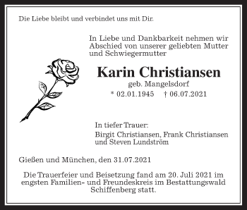 Traueranzeige von Karin Christiansen von Giessener Allgemeine, Alsfelder Allgemeine