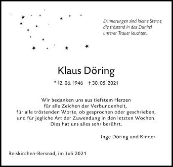 Traueranzeige von Klaus Döring von Giessener Allgemeine, Alsfelder Allgemeine